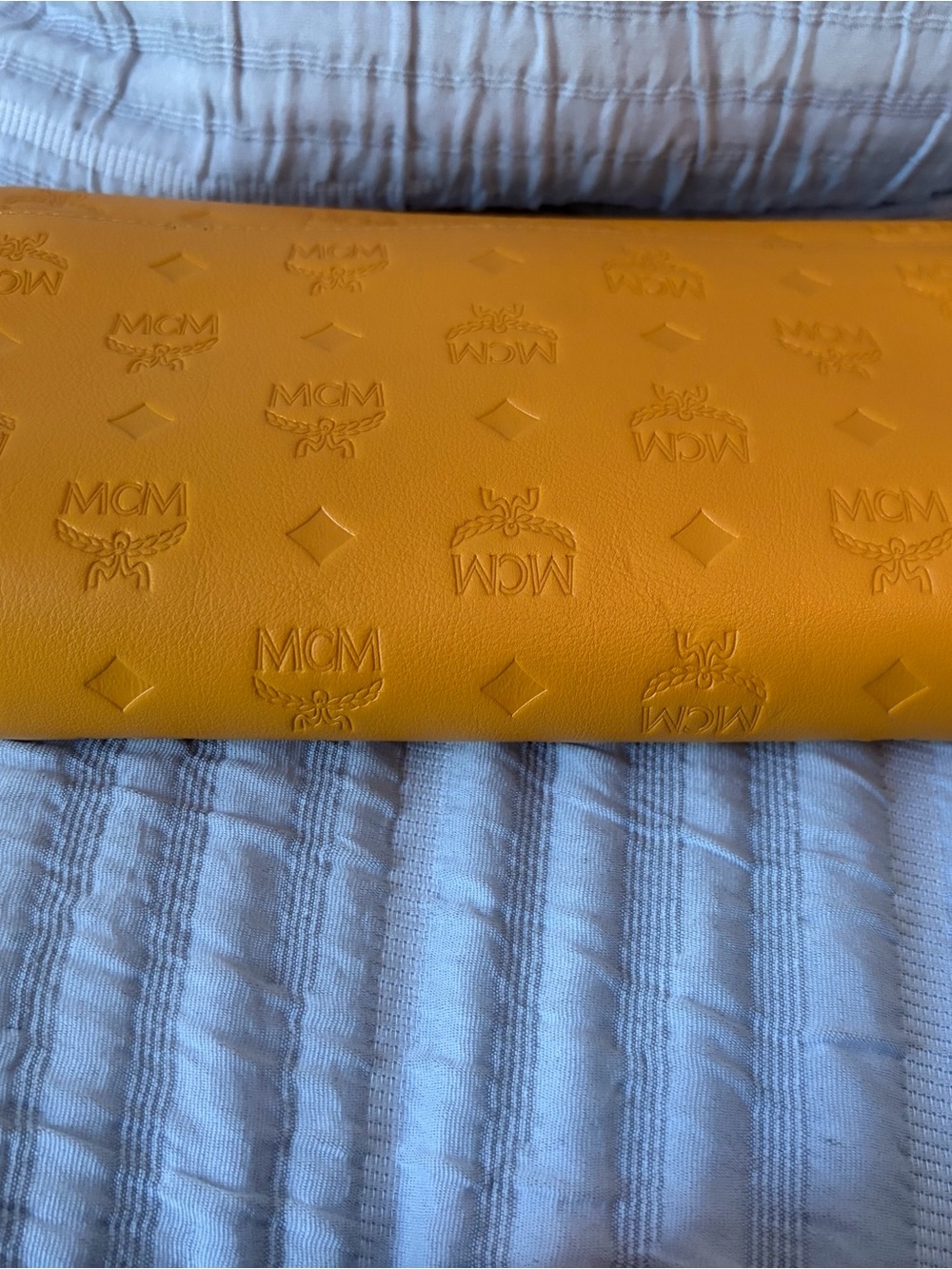 MCM Embossed Leather Envelope Clutch in Mustard - Picture 9 of 14
